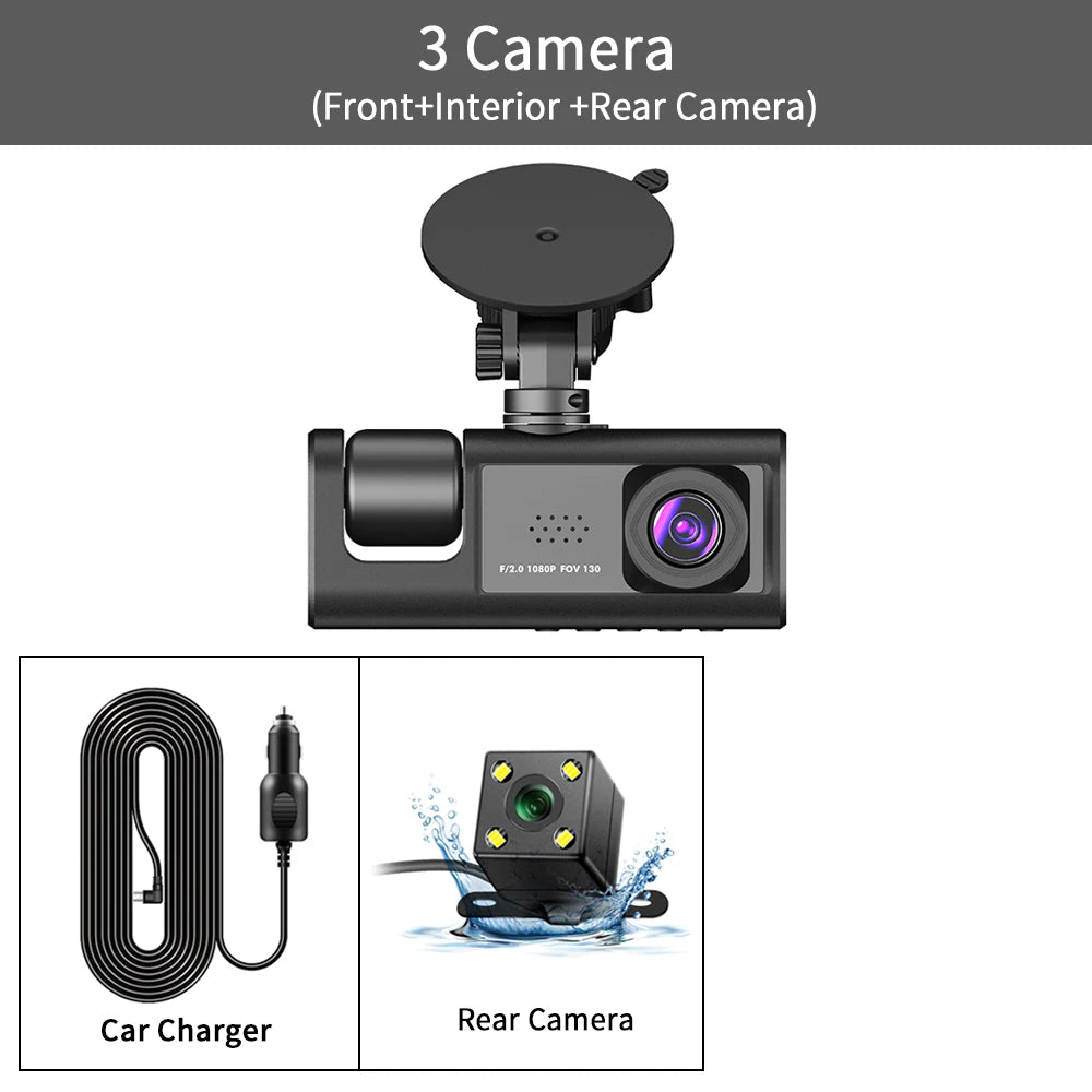 Caméra de Surveillance Voiture HD 3-Lentilles – Dashcam 1080P avec Écran 2", Vision Nocturne & Enregistrement en Boucle