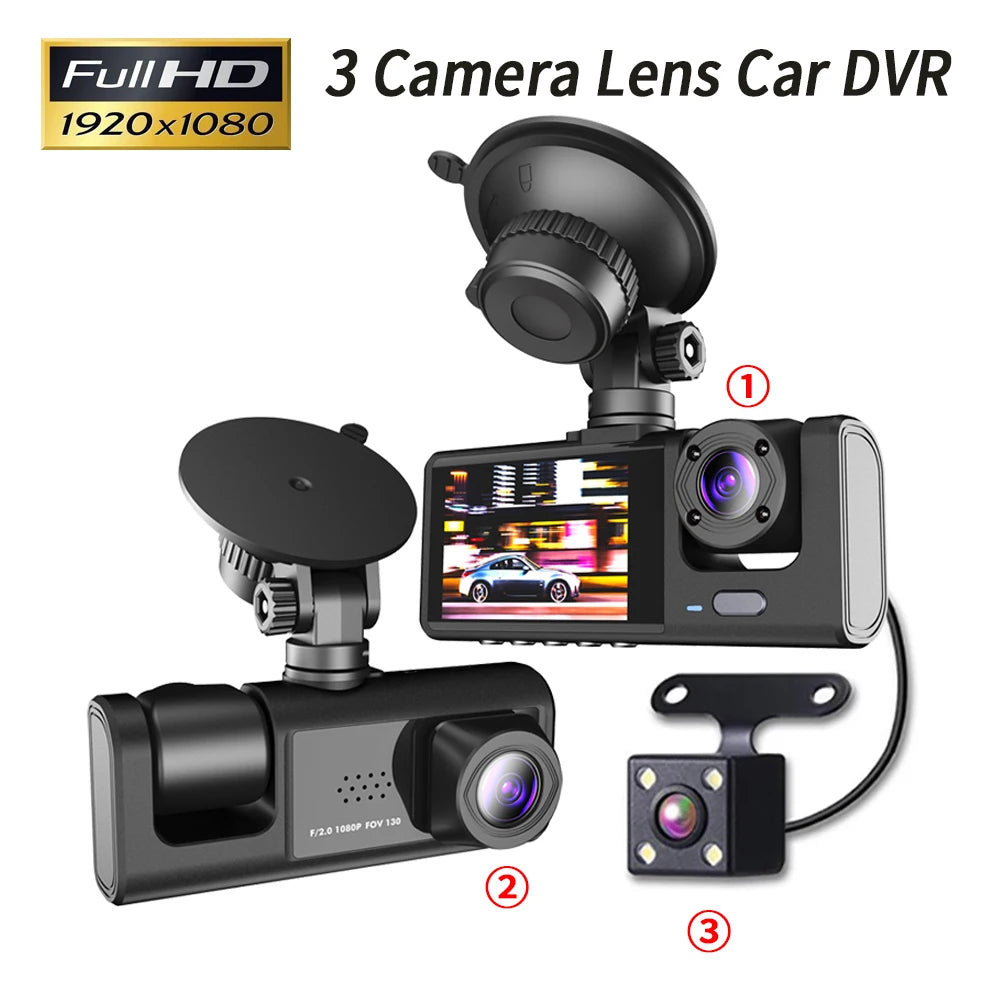 Caméra de Surveillance Voiture HD 3-Lentilles – Dashcam 1080P avec Écran 2", Vision Nocturne & Enregistrement en Boucle