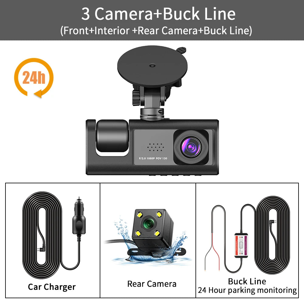 Caméra de Surveillance Voiture HD 3-Lentilles – Dashcam 1080P avec Écran 2", Vision Nocturne & Enregistrement en Boucle