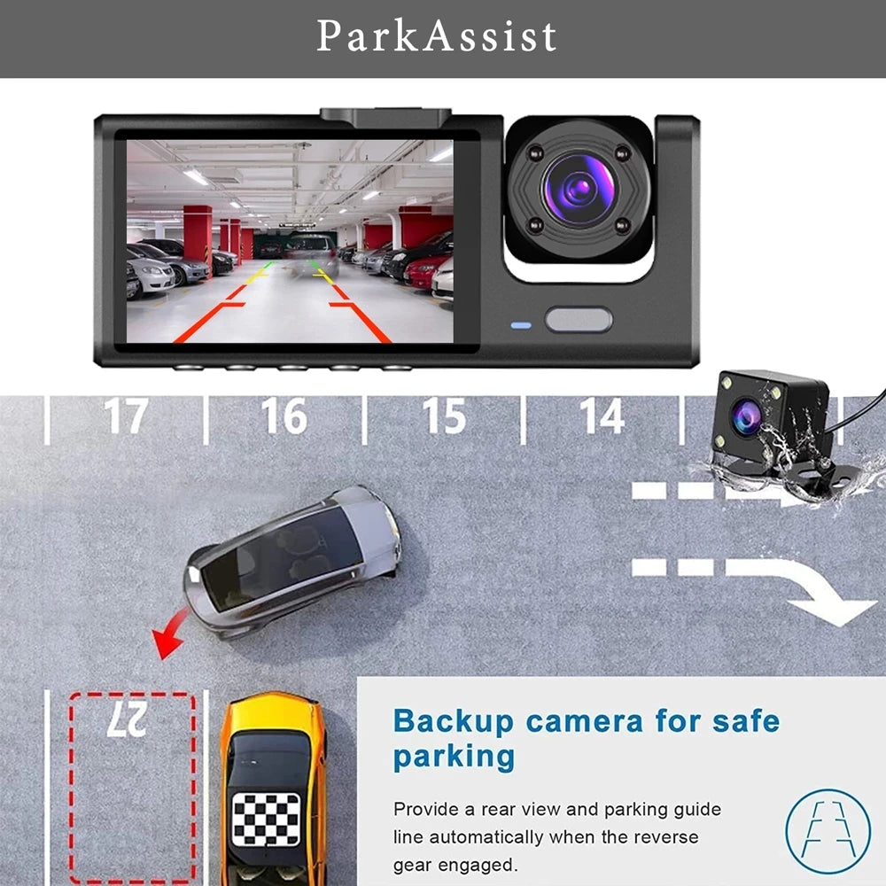 Caméra de Surveillance Voiture HD 3-Lentilles – Dashcam 1080P avec Écran 2", Vision Nocturne & Enregistrement en Boucle