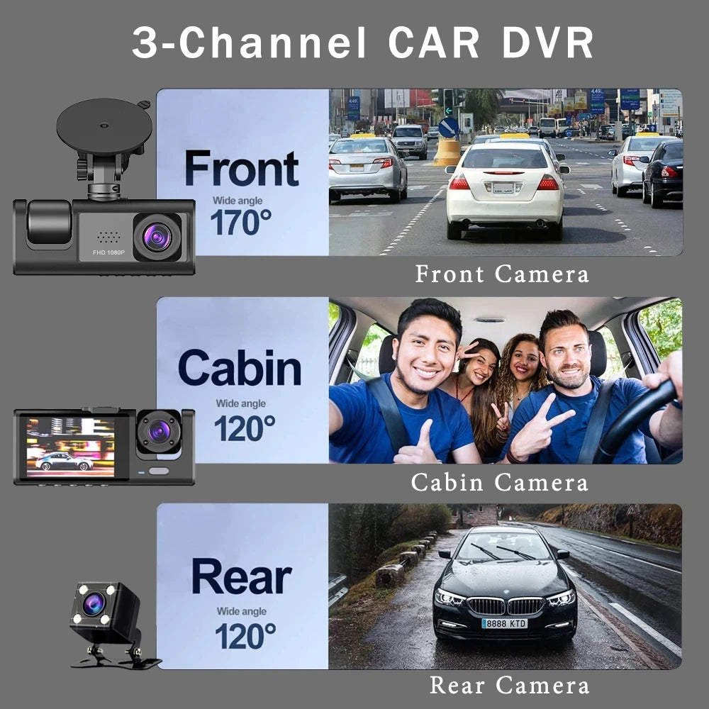 Caméra de Surveillance Voiture HD 3-Lentilles – Dashcam 1080P avec Écran 2", Vision Nocturne & Enregistrement en Boucle