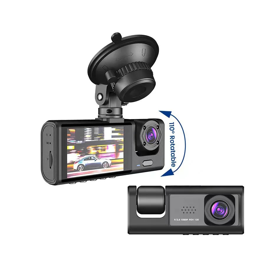 Caméra de Surveillance Voiture HD 3-Lentilles – Dashcam 1080P avec Écran 2", Vision Nocturne & Enregistrement en Boucle